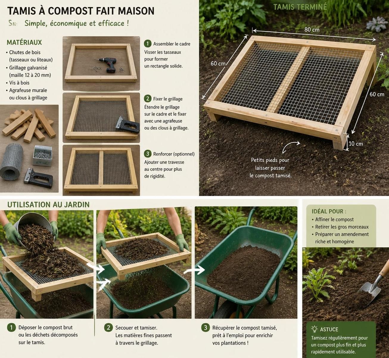 apprenez à fabriquer facilement un tamis à compost écologique en utilisant des chutes de bois, pour un jardinage durable et efficace.