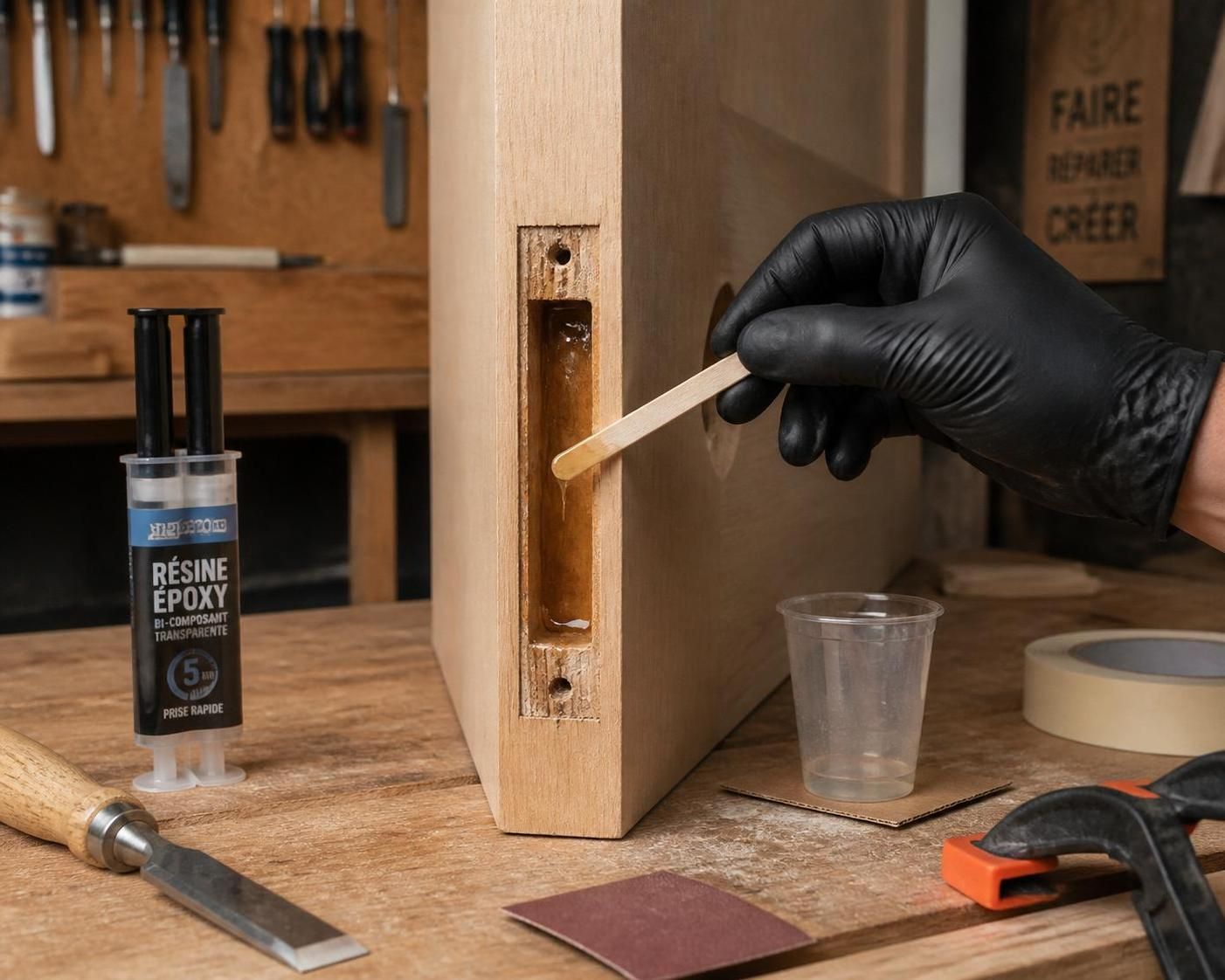apprenez &agrave; r&eacute;parer efficacement une mortaise de porte arrach&eacute;e en utilisant de la r&eacute;sine &eacute;poxy pour bois, avec des &eacute;tapes simples et des conseils pratiques.