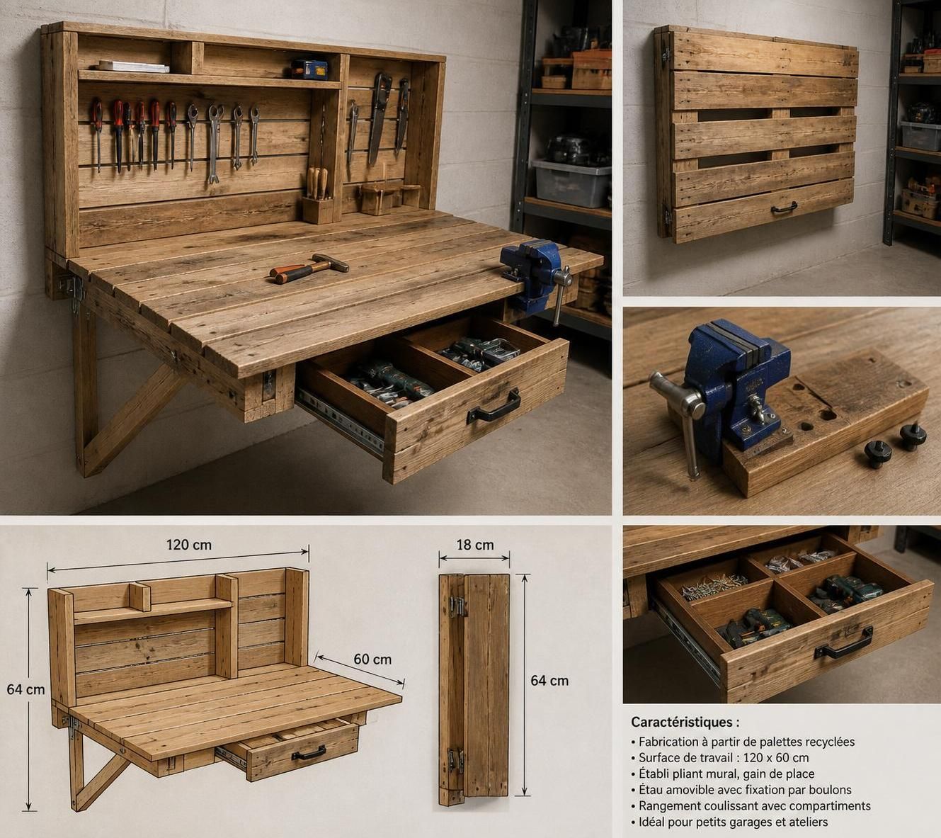 apprenez à fabriquer un établi pliant mural pratique et gain de place, idéal pour optimiser l'espace dans un petit garage.