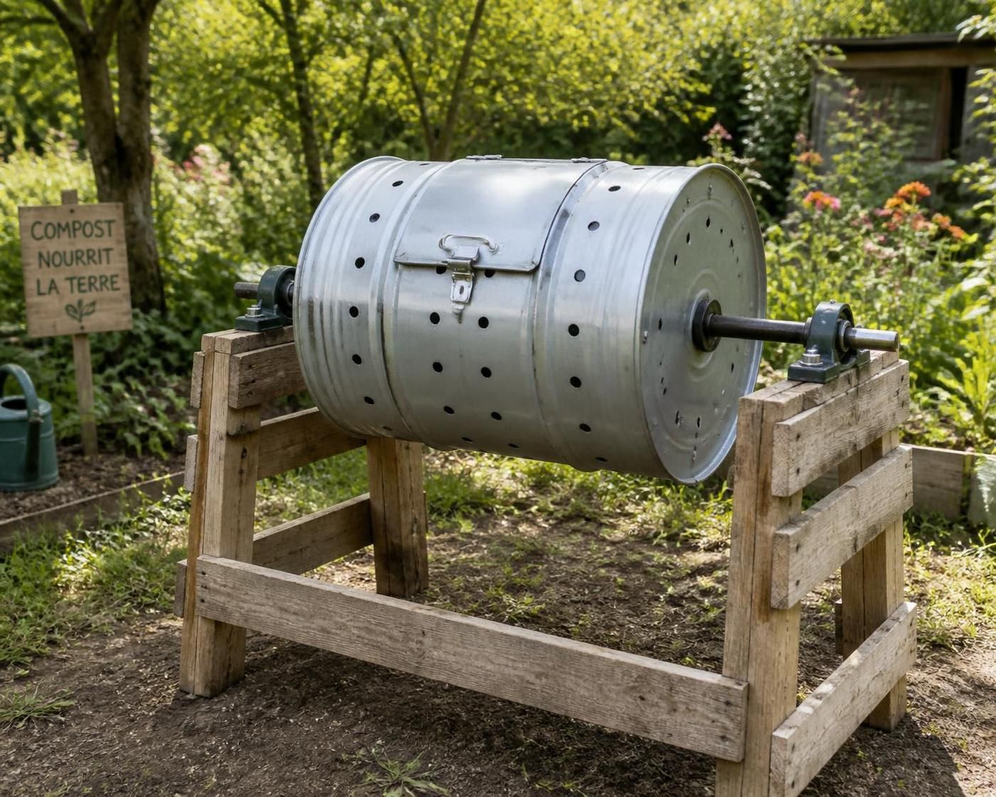 apprenez à construire un composteur rotatif pratique et écologique en utilisant un bidon alimentaire recyclé. guide étape par étape pour un compostage efficace à la maison.