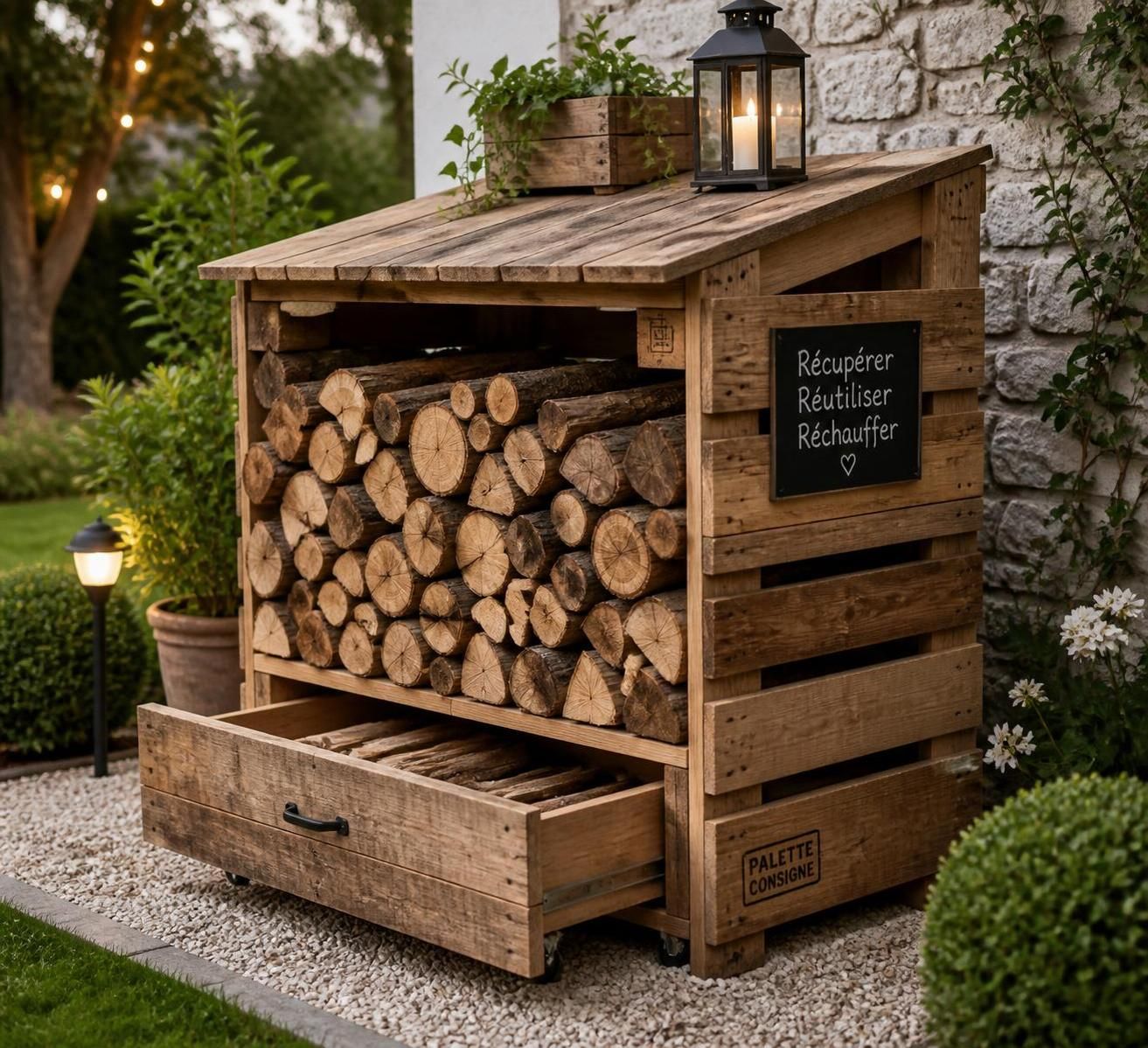 apprenez à fabriquer facilement un range-bûches extérieur en utilisant des palettes consignées. un guide pratique et écologique pour organiser votre bois de chauffage avec style.